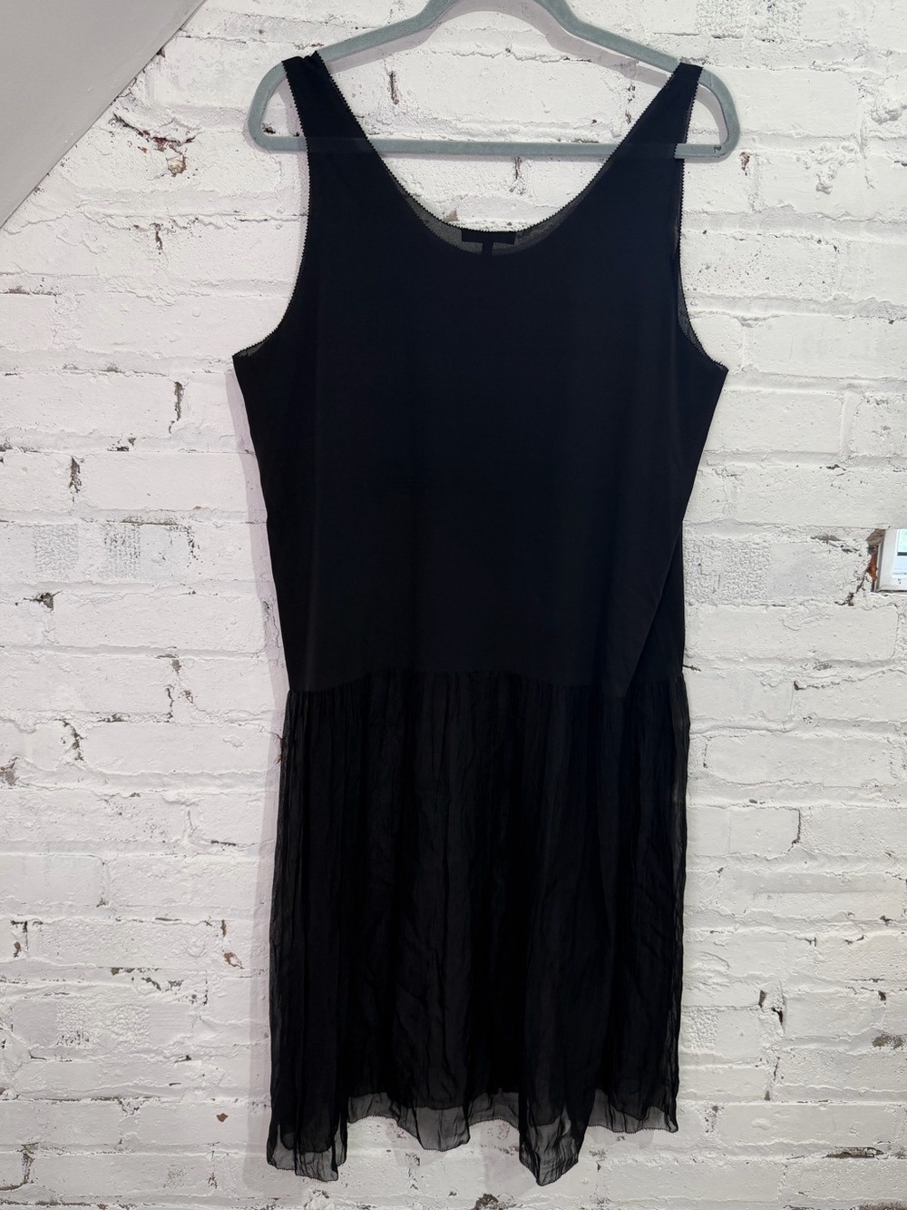EILEEN FISHER Silk Georgette Black Gathered Sheer U-Neck Sleeveless Dress w Slip - Picture 6 of 11